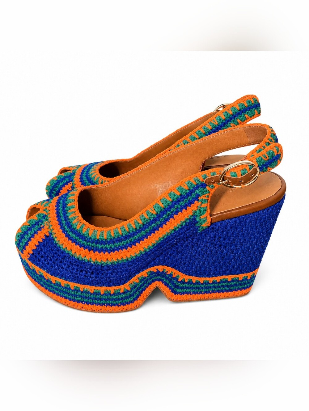 Gelgerie Paris Crochet Platform Wedge Slingback - Blue & Orange - Size 38
